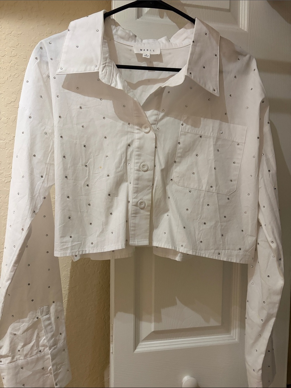 White Cropped Button-Up Shirt with ringstones Detail
